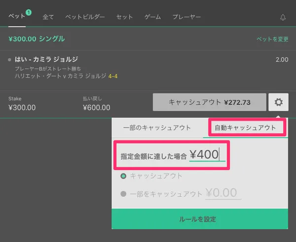 自動キャッシュアウトの設定画面例