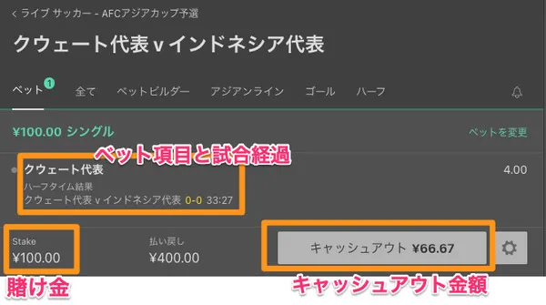 サッカーの試合でキャッシュアウト損切りの例