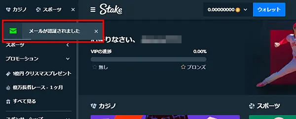ステークカジノ 認証完了