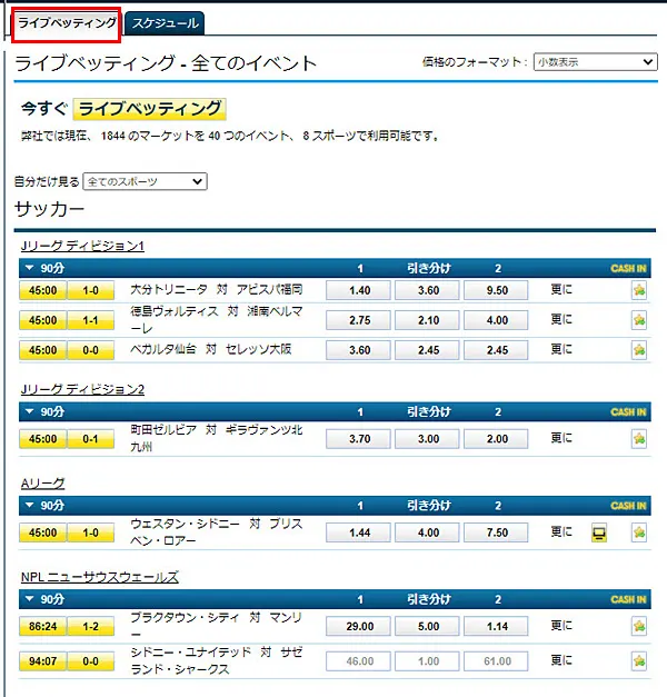 ライブベッティング画面